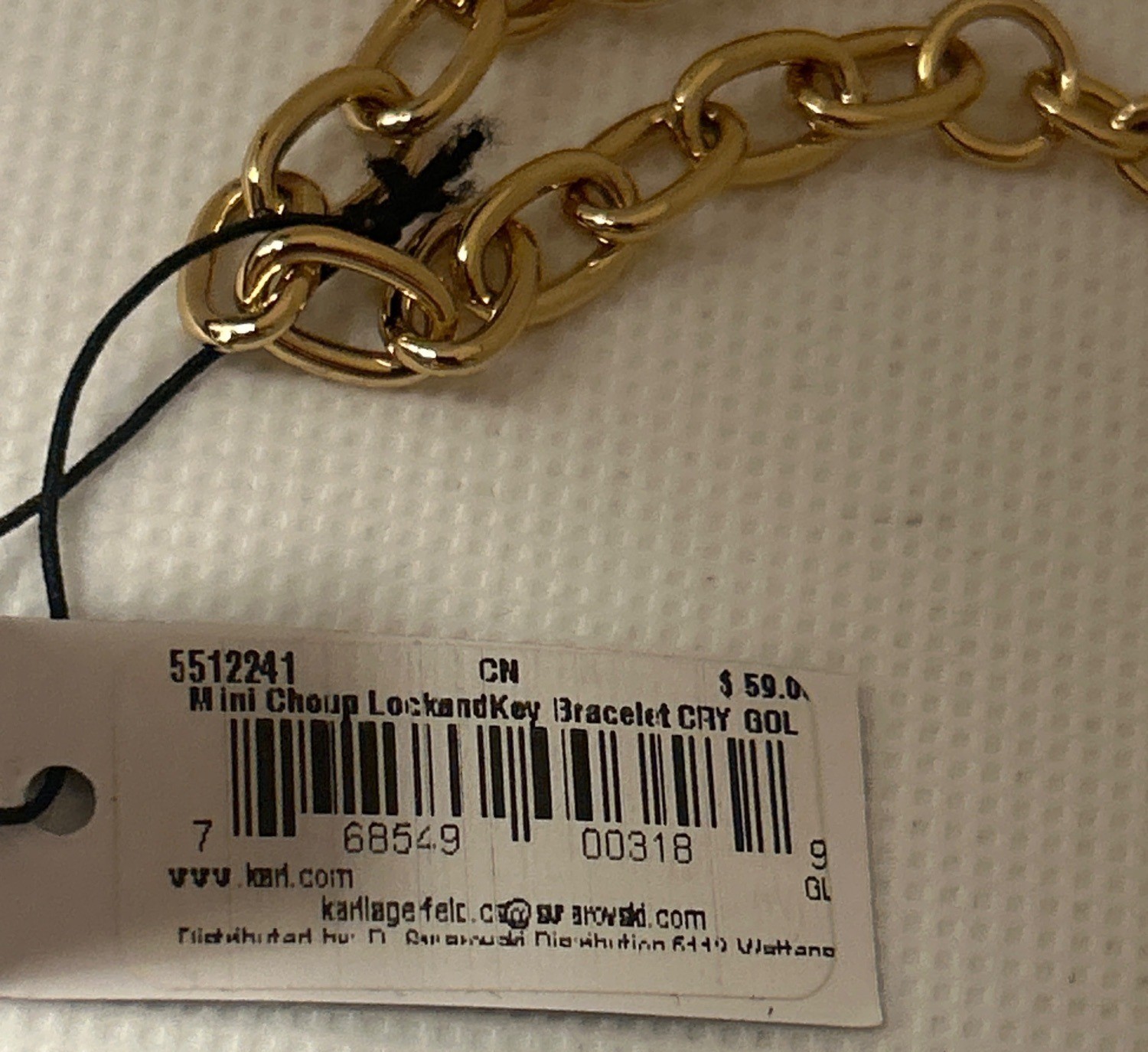 Karl Lagerfeld gold-tone link bracelet with cat charm Swarovski crystals 6.5”-8”