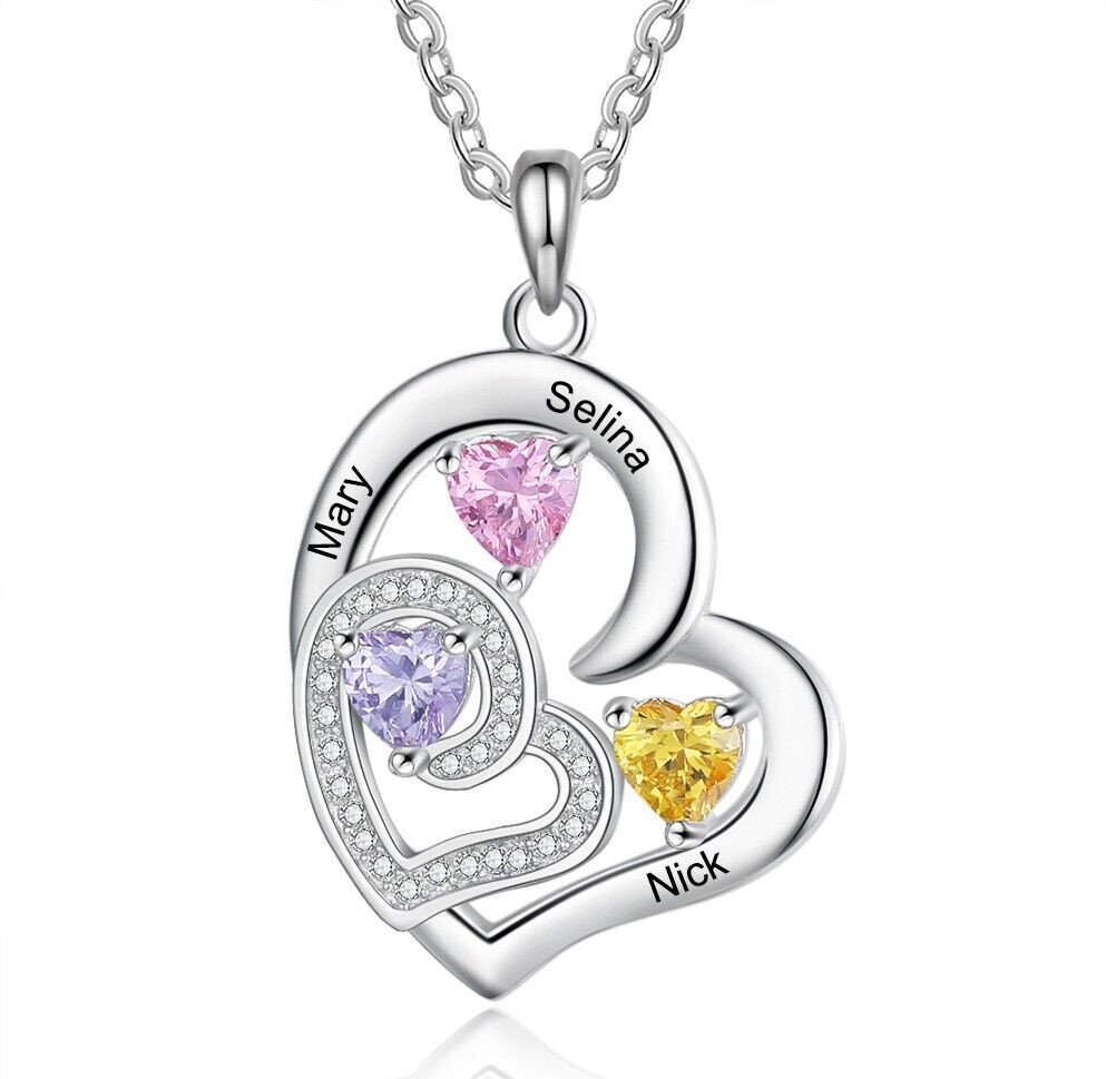 Personalized Engraved Double Heart Pendant Necklace 3 Names + 3 Birthstones