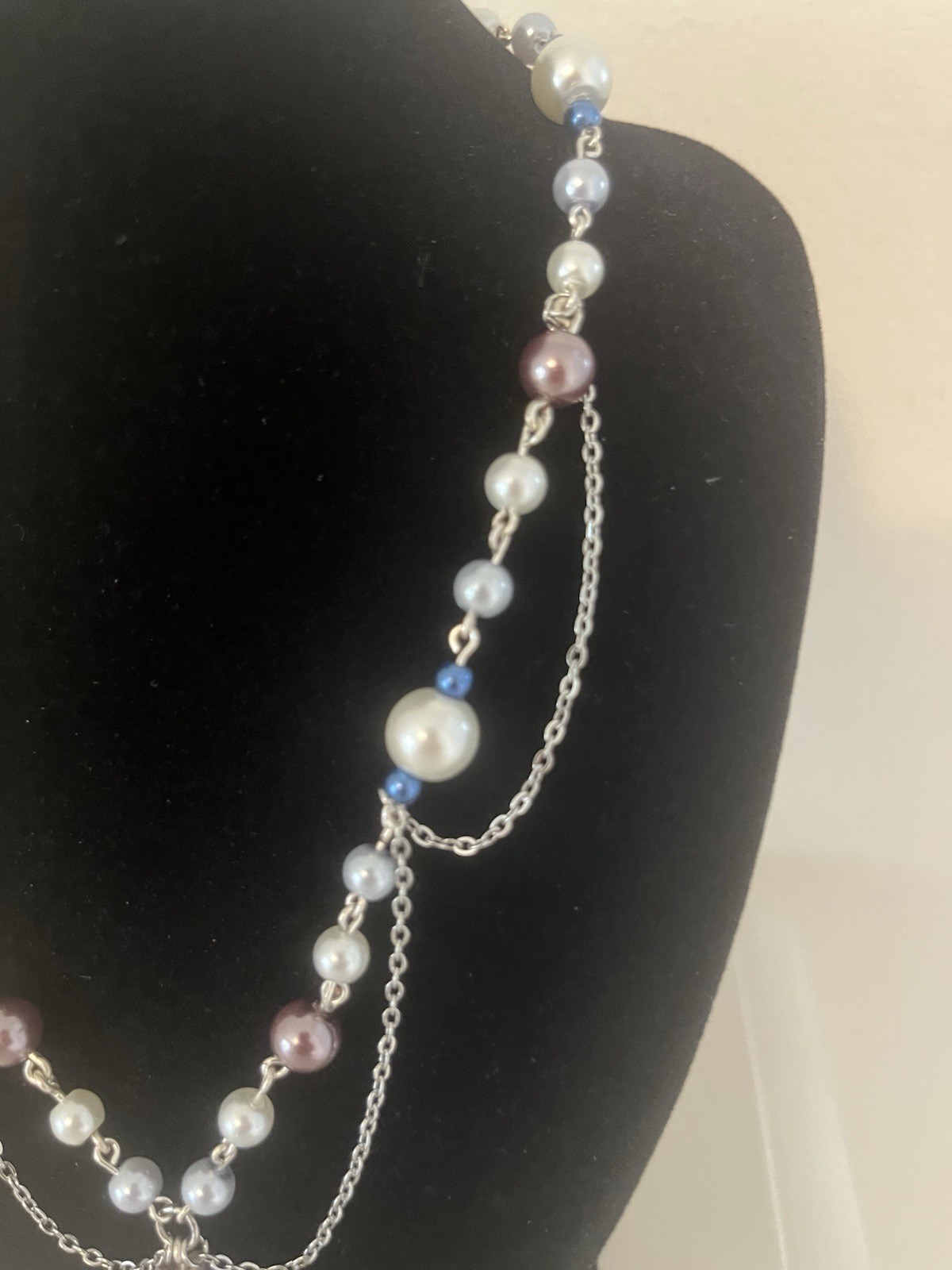 Layered Beaded Cable Chain Necklace Pearl/Crystal Flower Charm 12in Lobster