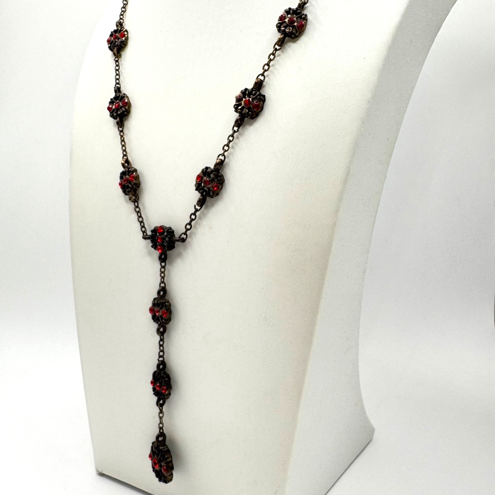 Gothic Red Rhinestone Y Drop Necklace Filigree Rosary Style Antique Bronze Goth