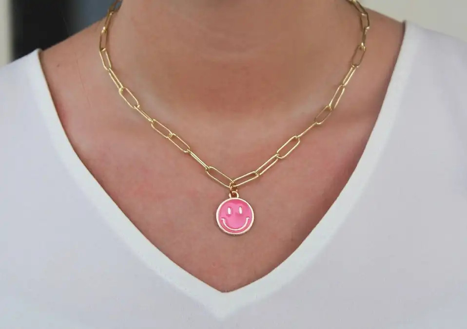 Pink Smiley Face Paperclip Necklaces, Gold Chain – Positive Happy Jewelry