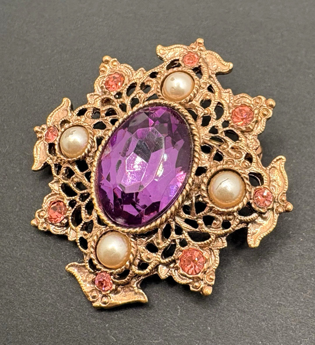 1928 Brand Victorian Revival Brooch Purple Pink Glass Faux Pearl Rose Gold Tone