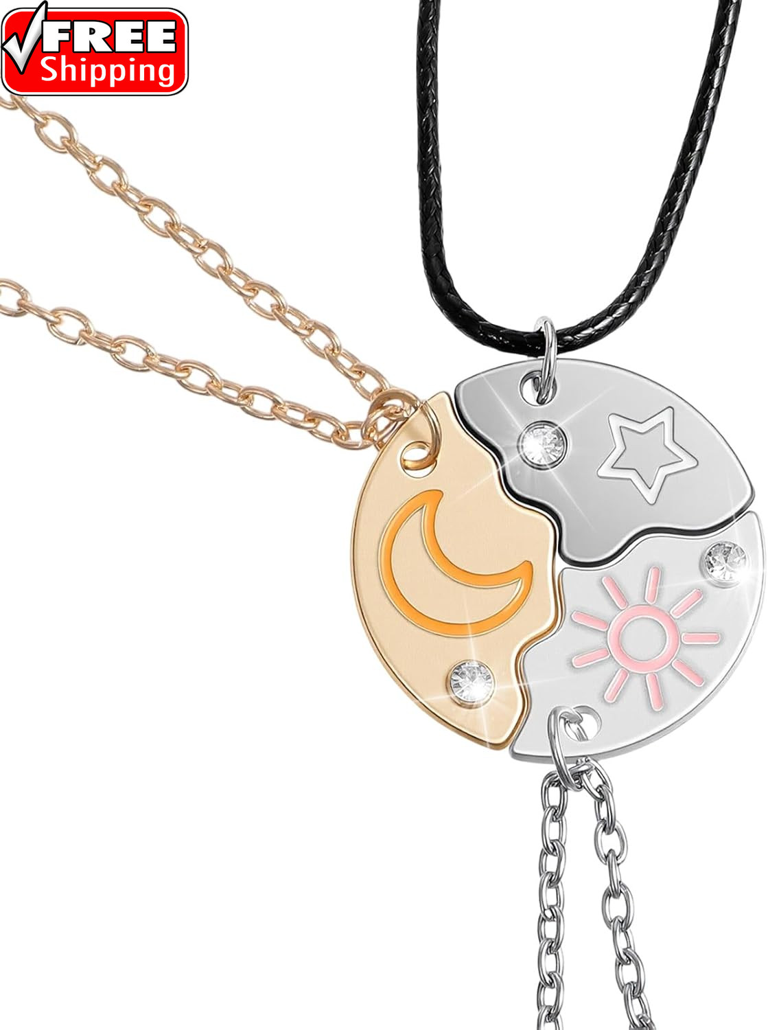 3Pcs Friendship Necklace for 3 Sun Moon Star Puzzle BFF Necklace round Matching