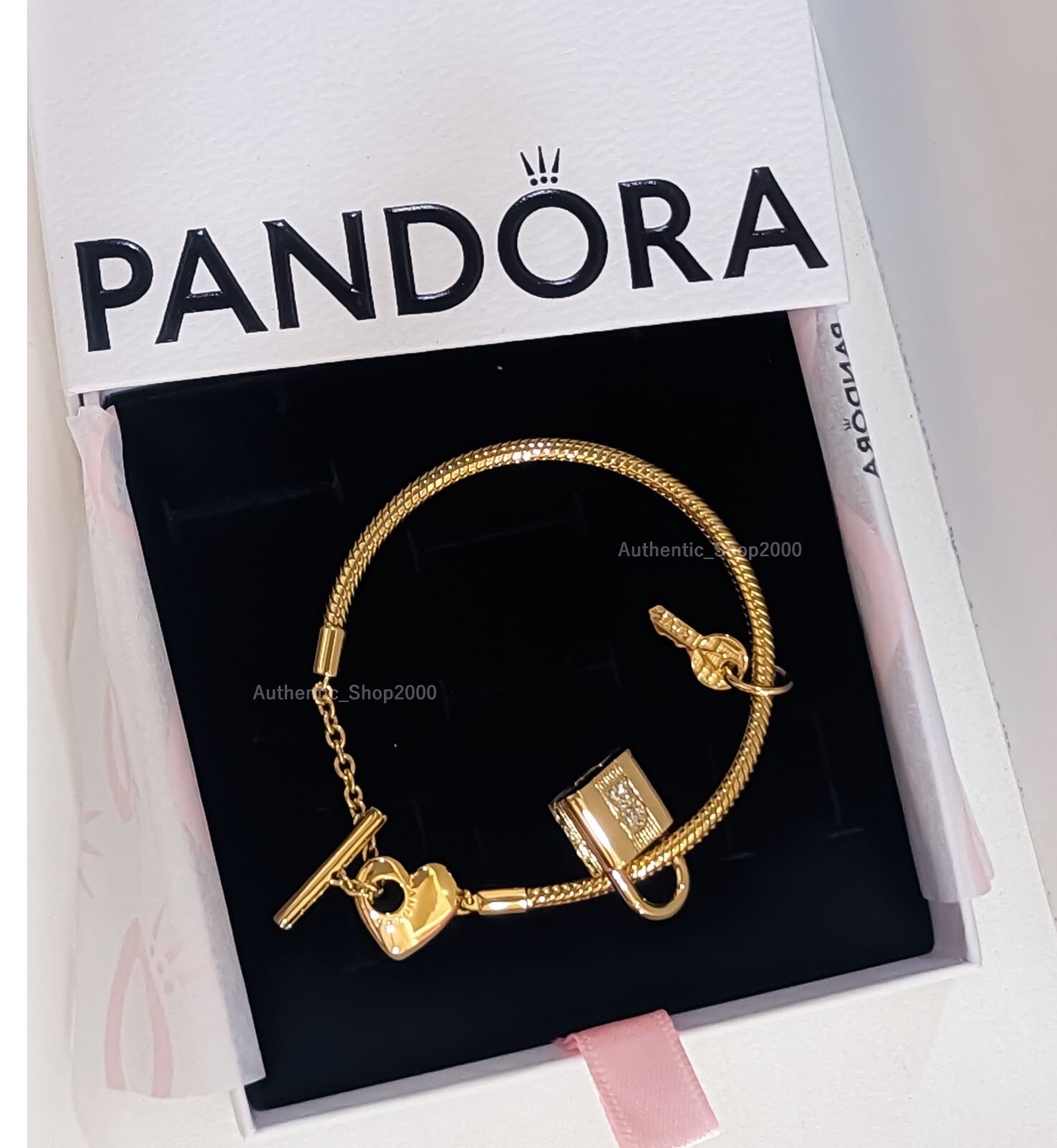 NEW 100% Authentic PANDORA Gold P Padlock and Key Dangle Charm Bracelet Gift Set