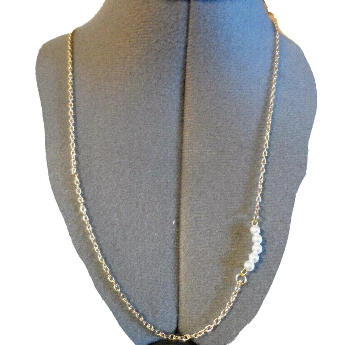 New White PEARL ACCENT Gold-tone Sweater Necklace 30″ Brassy Costume Jewelry