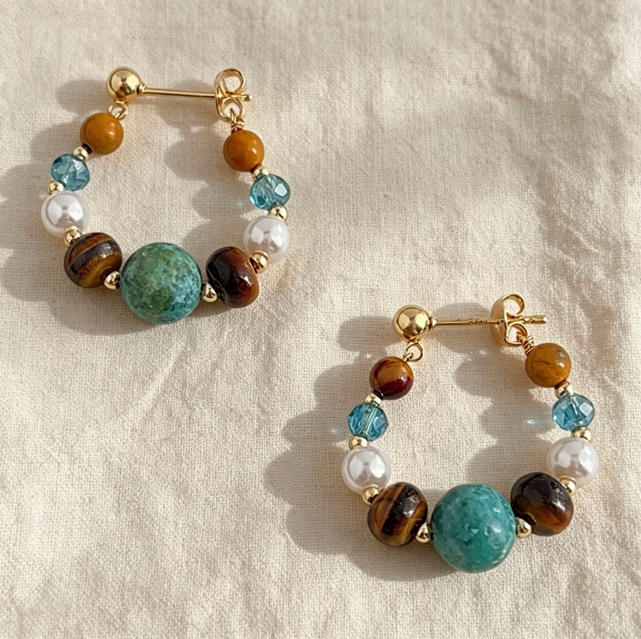 Handmade Natural Turquoise Tiger Eye Hoop Earrings, 925 Silver Post