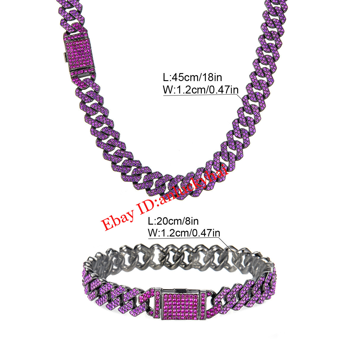 Cuban Chain Alloy Full Diamond Purple Hip Hop Bracelet Men’s Rap Cool Necklace