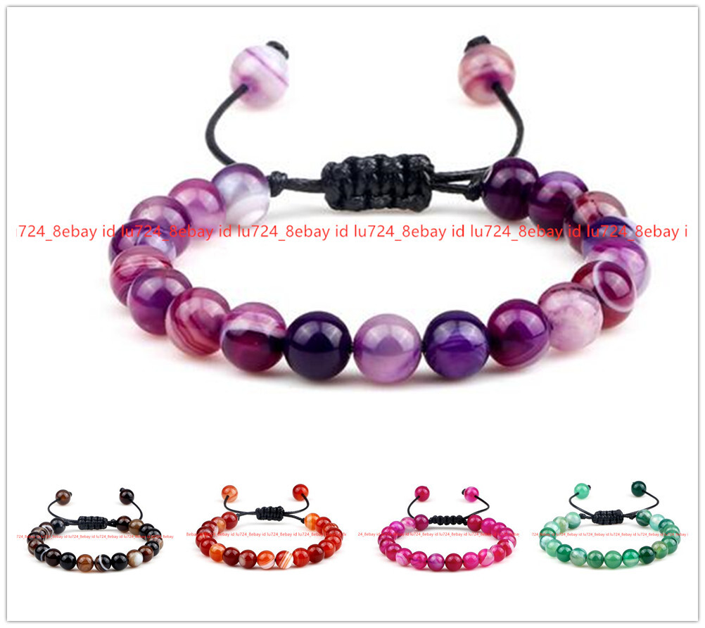 6/8/10/12/14mm Multicolor Striped Agate Round Gem Beads Adjustable Bracelet 7.5″