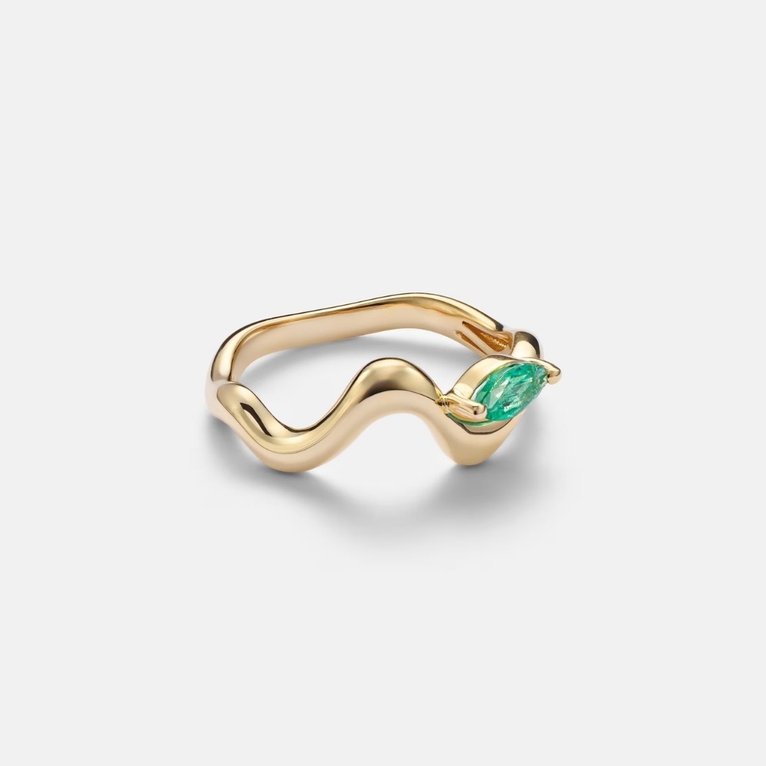 Marquise Emerald Ring Gold Vermeil Wave Ring Organic Statement Ring Gift