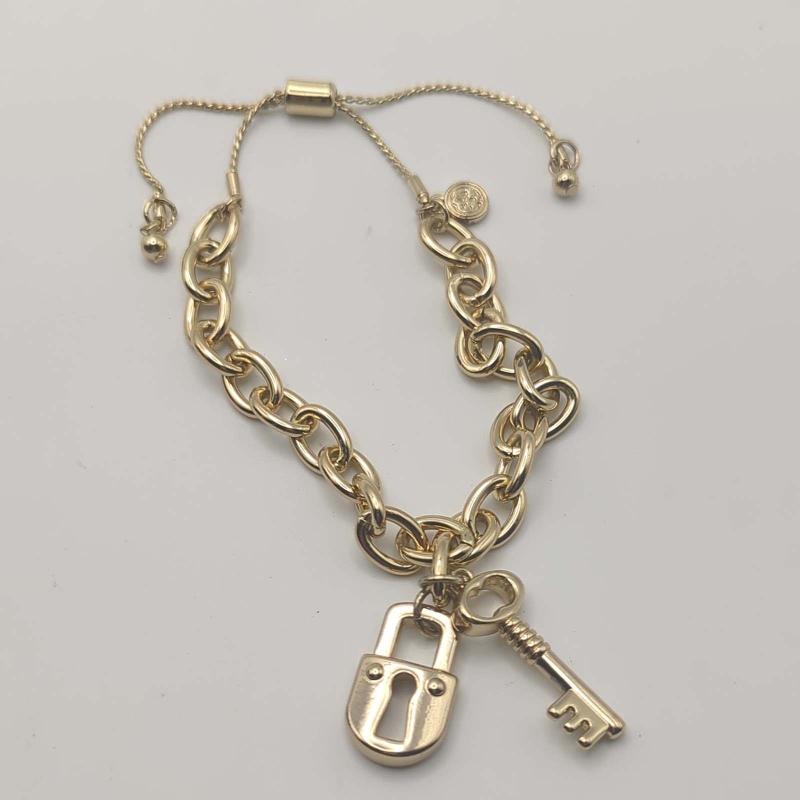 Mary Kay Gold Tone Cable Chain Charm Bracelet, Adjustable Slide, Lock & Key