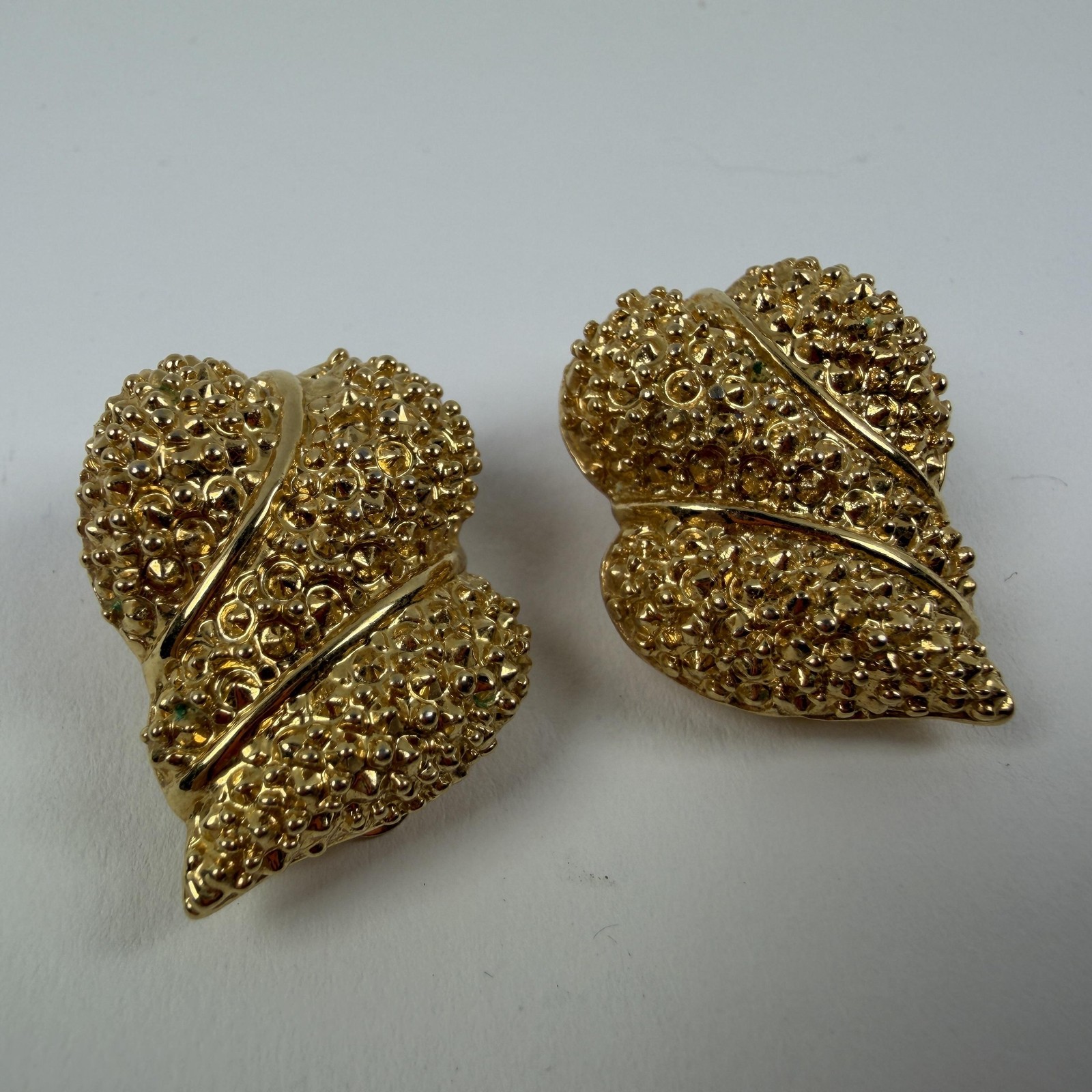 St John Earrings Gold Tone Textured Leaf Heart Clip On Designer Jewelry Women