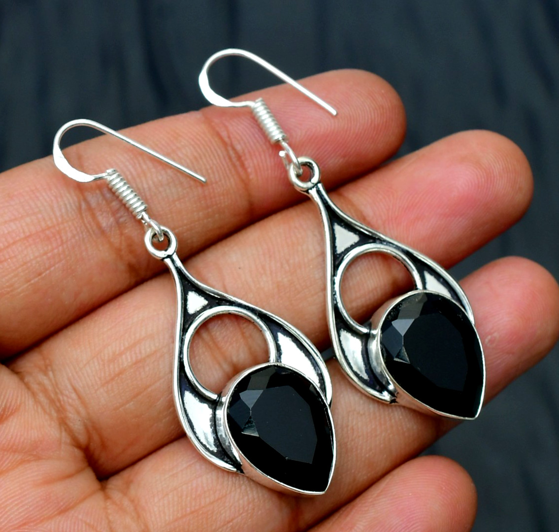 Black Onyx (Lab-Created) Gemstone 925 sterling silver Handmade Earring 1.96″