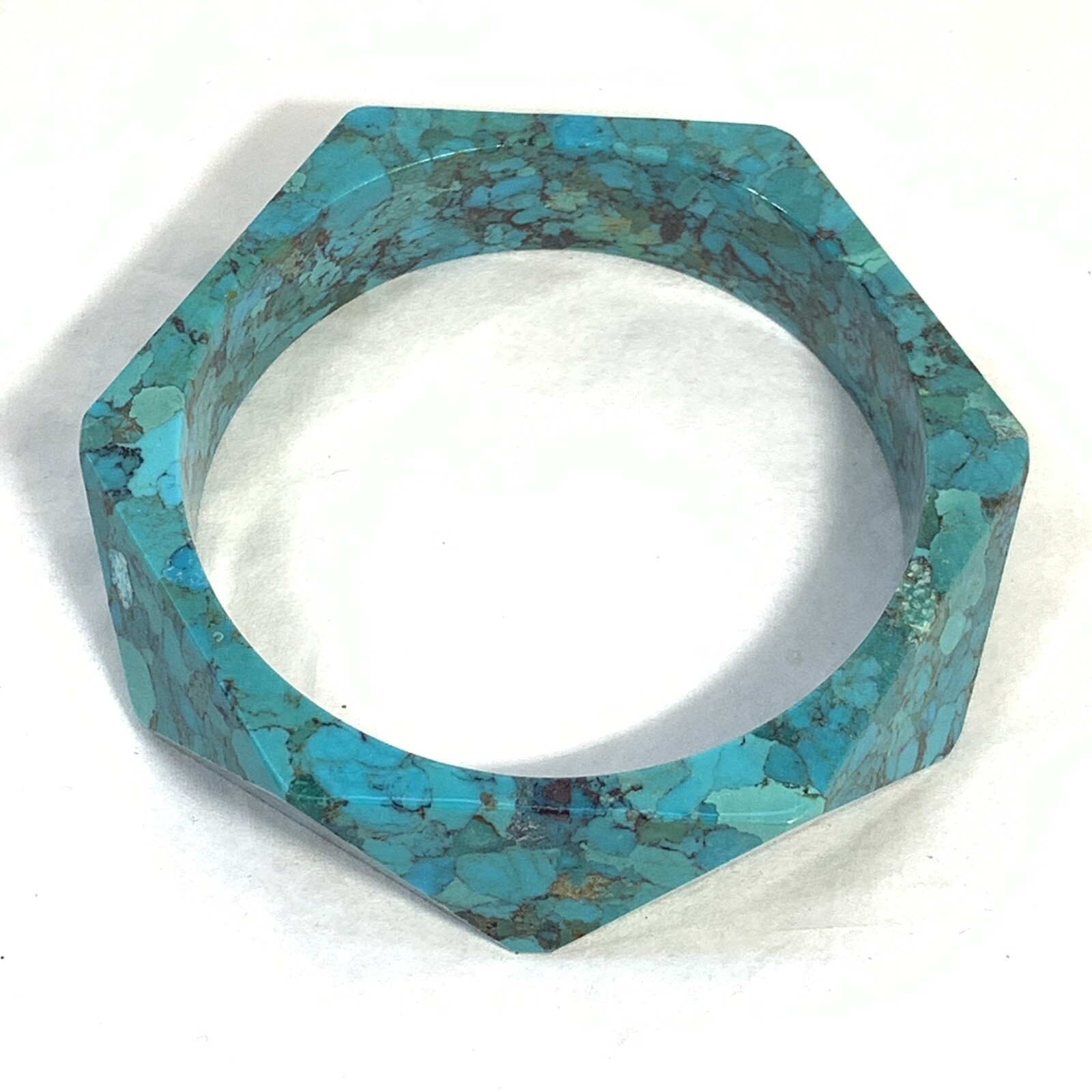 Carved Composite Stone Turquoise Bangle Bracelet Faceted Green Blue 8″