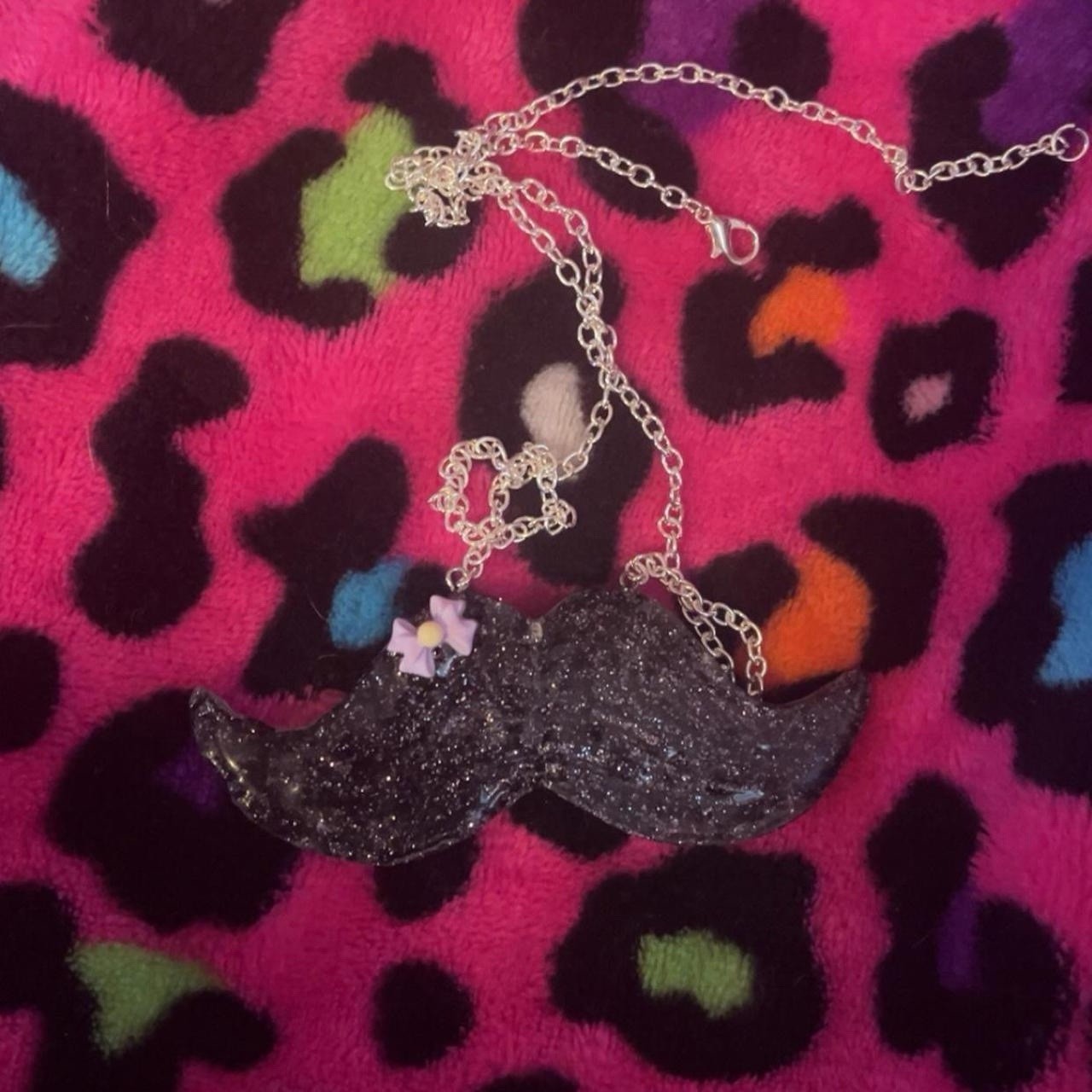 Handmade black glittery mustache necklace with bow