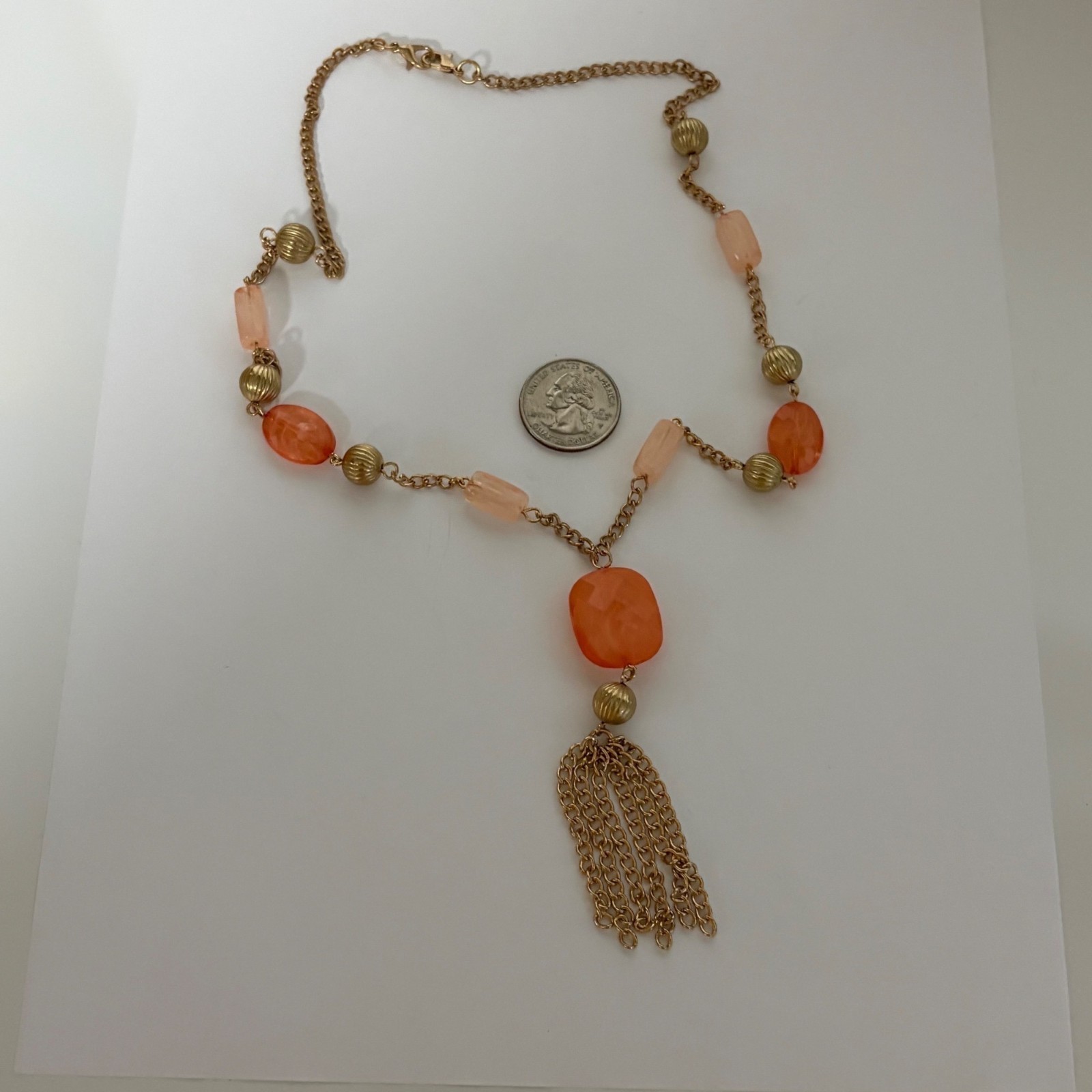 Gold Tone Chain Necklace Pink Orange Beads Faceted Centerpiece Tassel Pendant