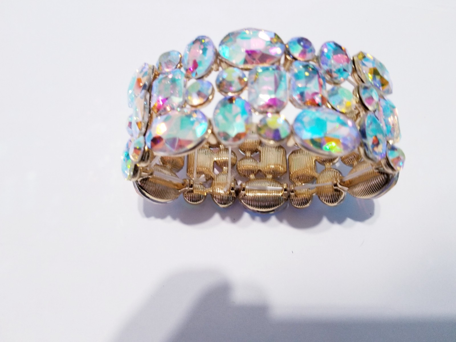 Iridescent Gold Rhinestone Stretch Bracelet Statement Drag Pageant Prom Bridal