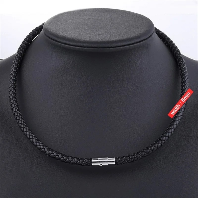Braided Leather Rope Chain Necklace Magnetic Clasp Black 45cm Unisex