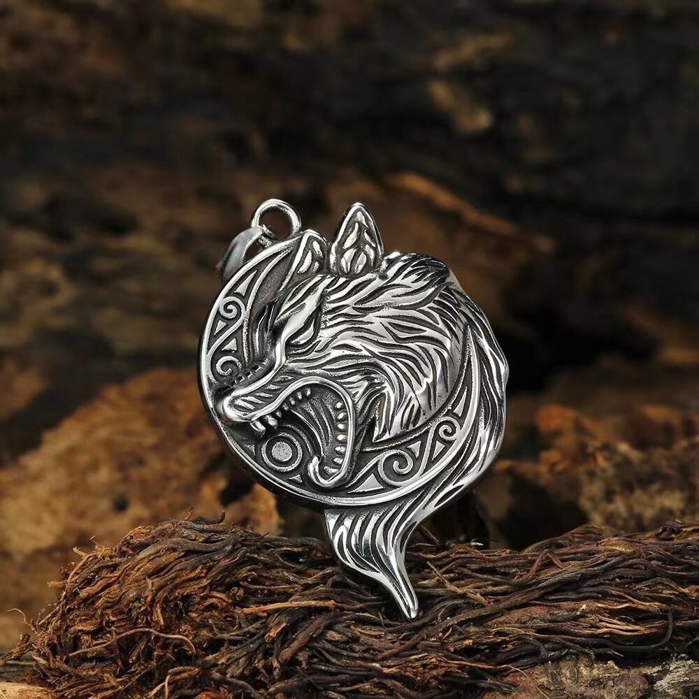 Silver Norse Viking Wolf Head Pendant Necklace Men’s Jewelry Chain 24″ Gift
