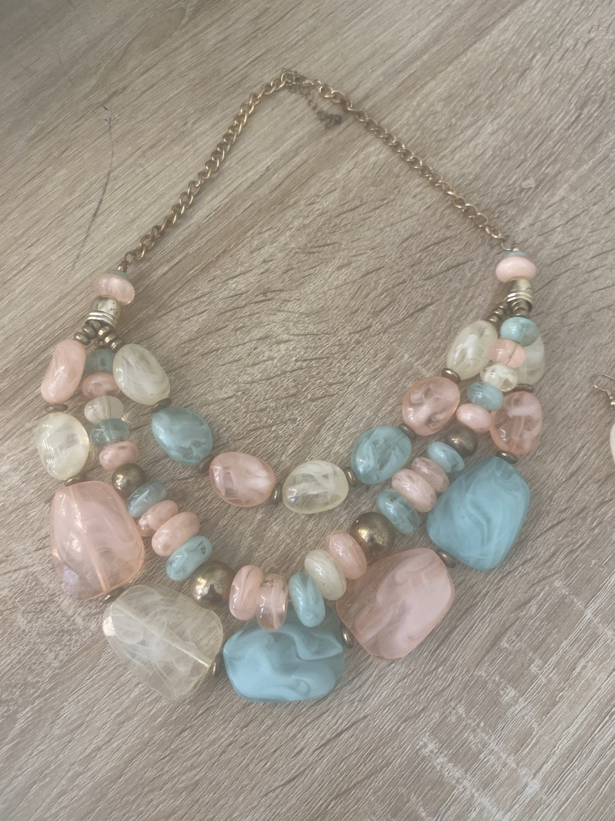 Chunky Pastel Pink Blue Beaded Statement Necklace & Earrings Set