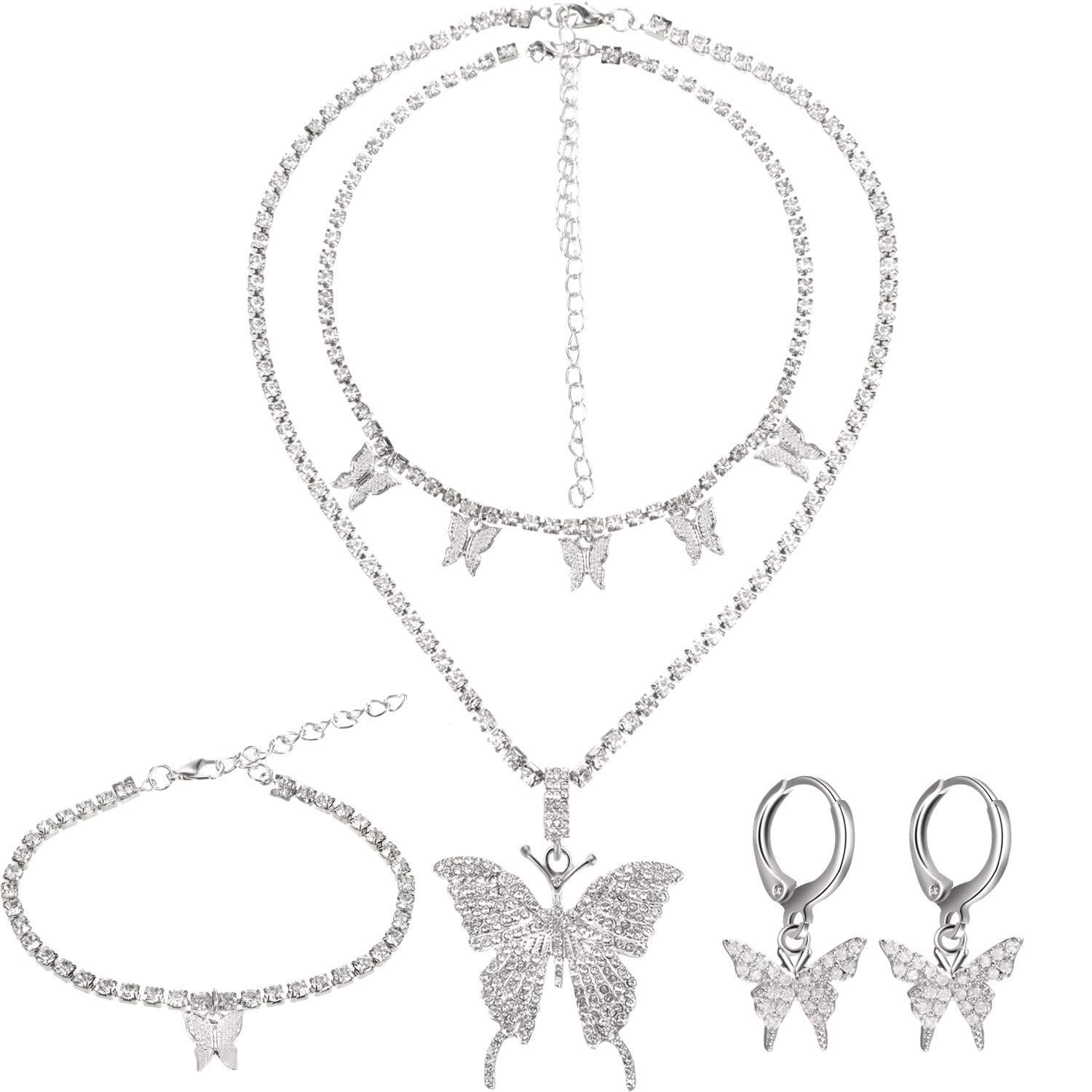 Hicarer Big Butterfly Pendant Necklace Rhinestone Chain Shiny Crystal Silver