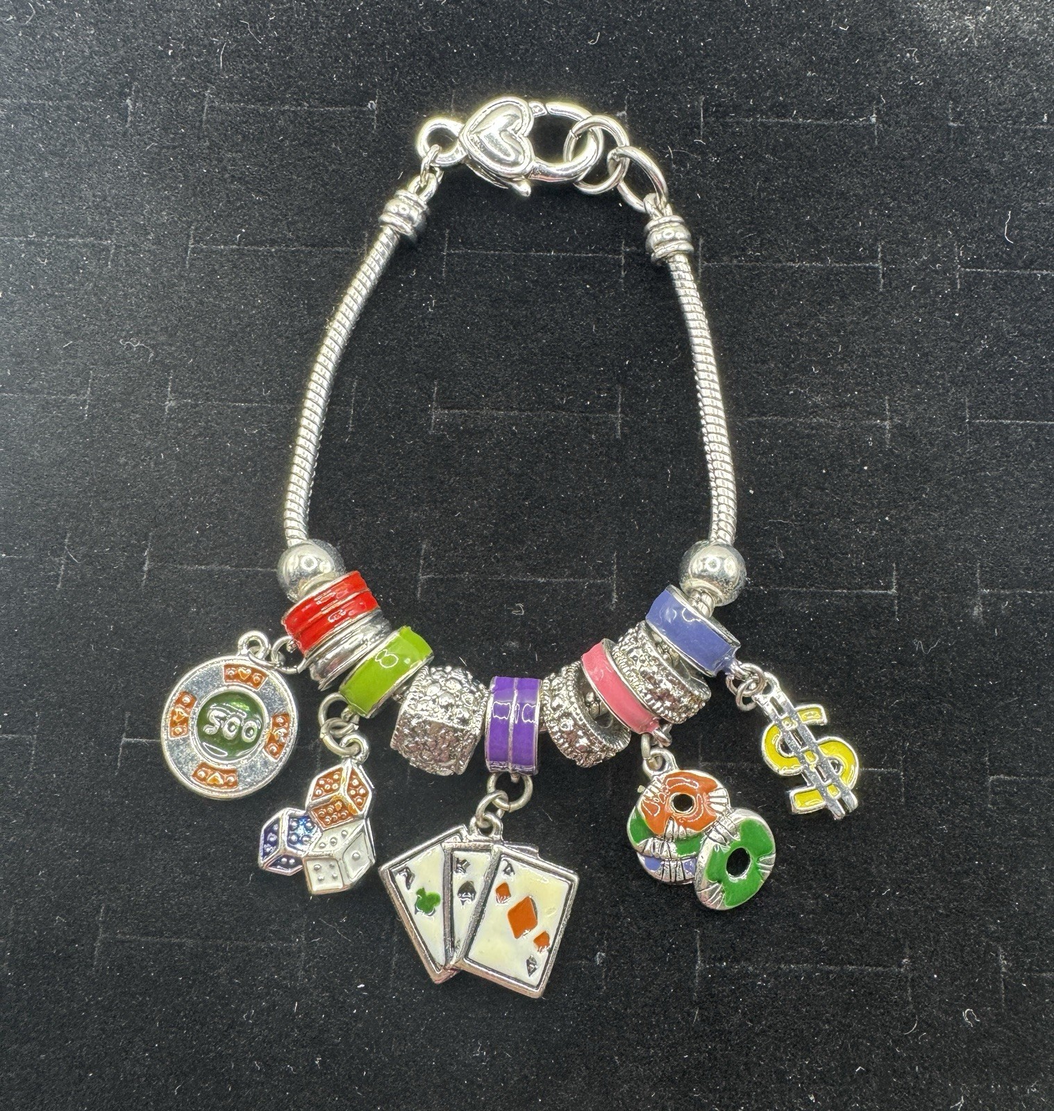 Slide Charm Gambling Poker Roulette Vegas 7.5” Bracelet Silver Tone