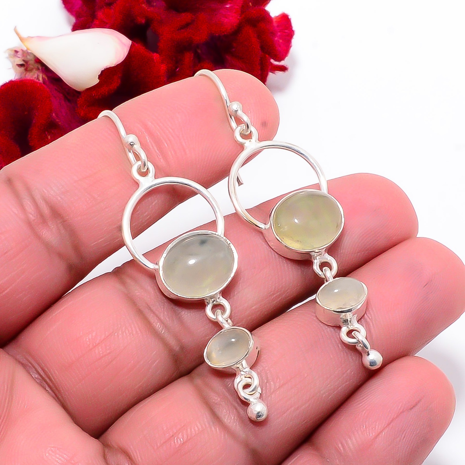 Prehnite – South Africa Designer Handmade 925 Sterling Silver Earring 2.15″ Su16