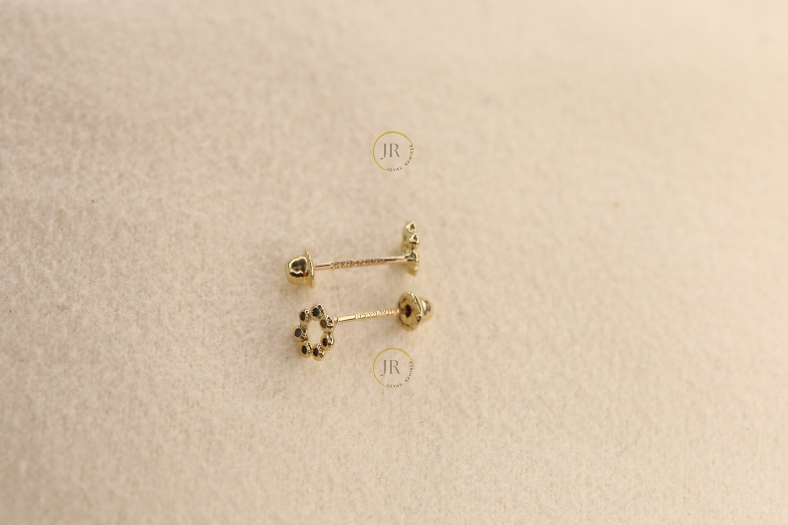14K Solid Gold Circle Stud Earrings with Multicolor CZ · 4mm Dainty Design.