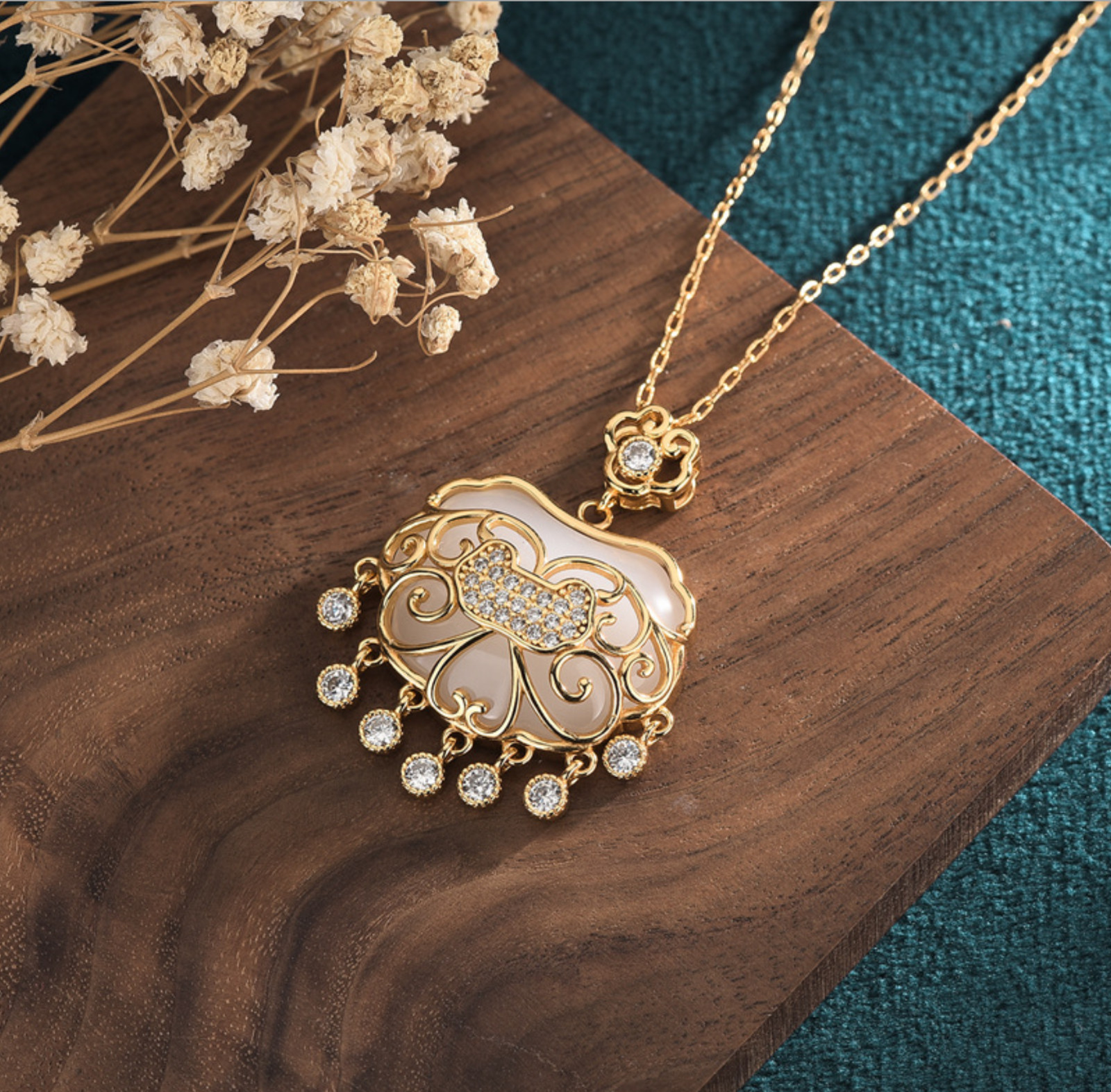 Jade Crystal Pendant Necklace Charm 18K Gold Plated Luck Lock Dainty Gemstone