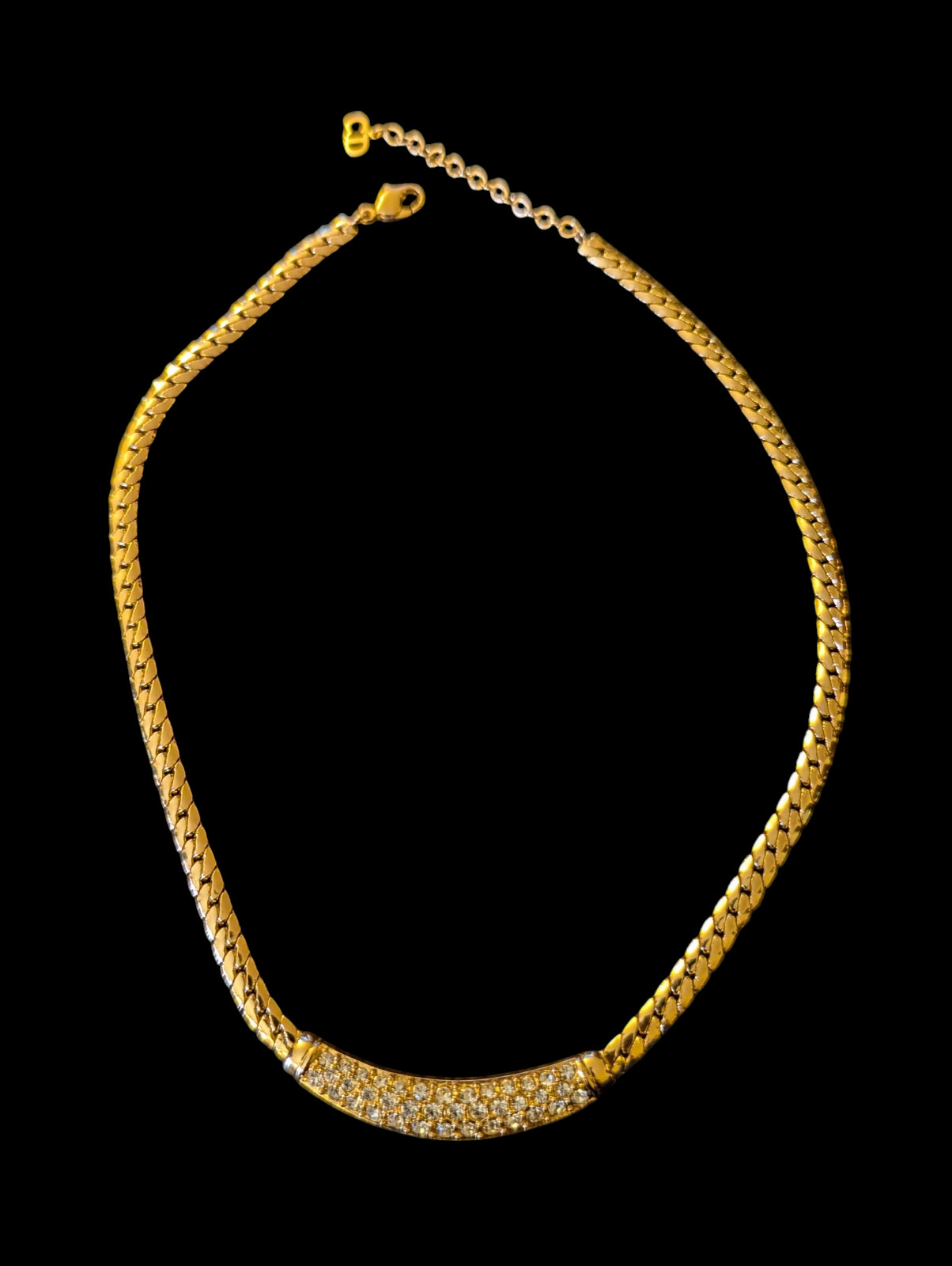 Vintage Christain Dior Pave Crystal Curved Bar 17.25″ Gold Flat Snake Chain