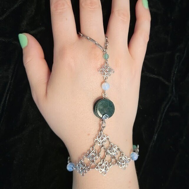 Handmade Chainmail Slave Bracelet Green Agate Moon Stones Unique Boho Festival