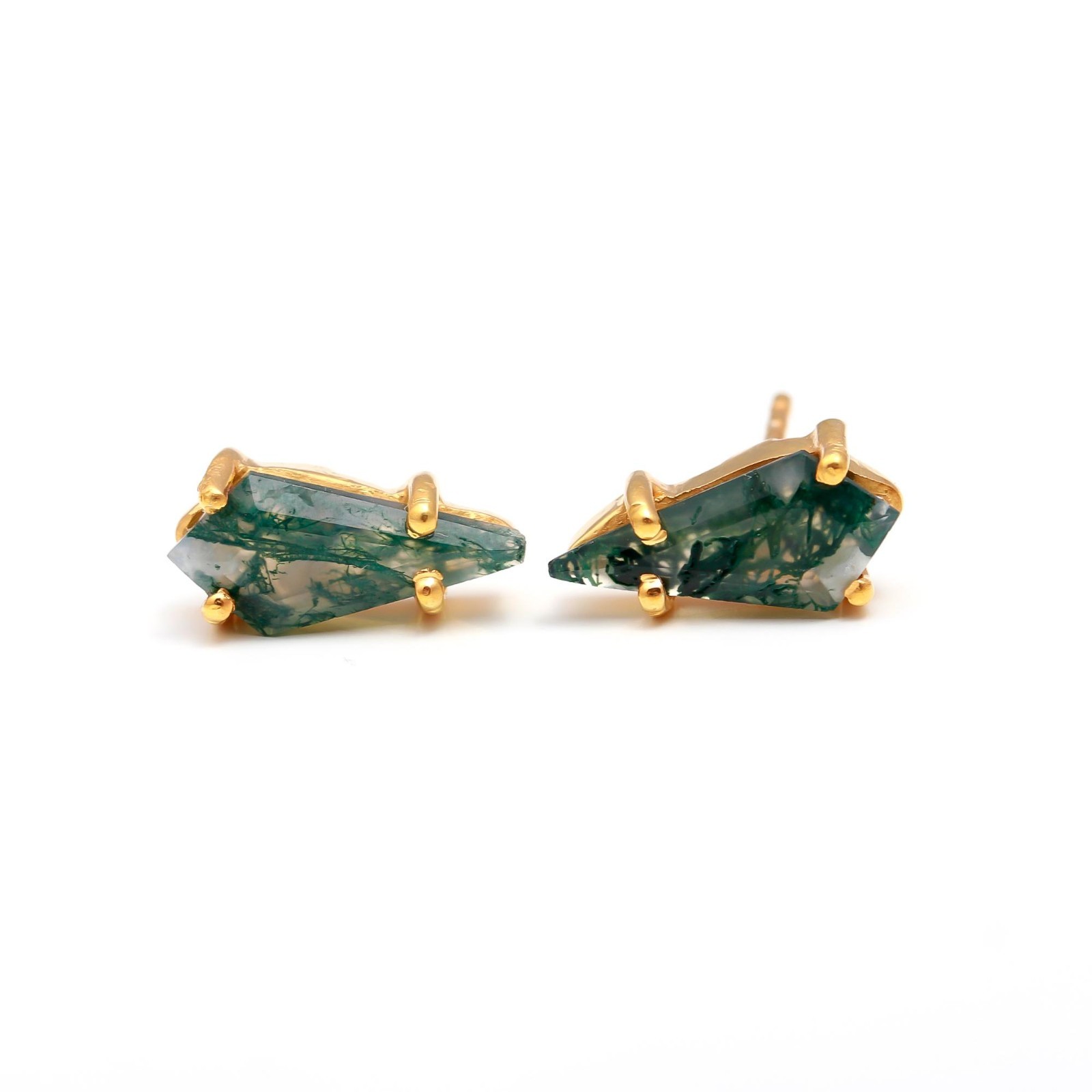 Natural Moss Agate Kite Stud Earrings Gold Plated 925 Sterling Silver Jewelry