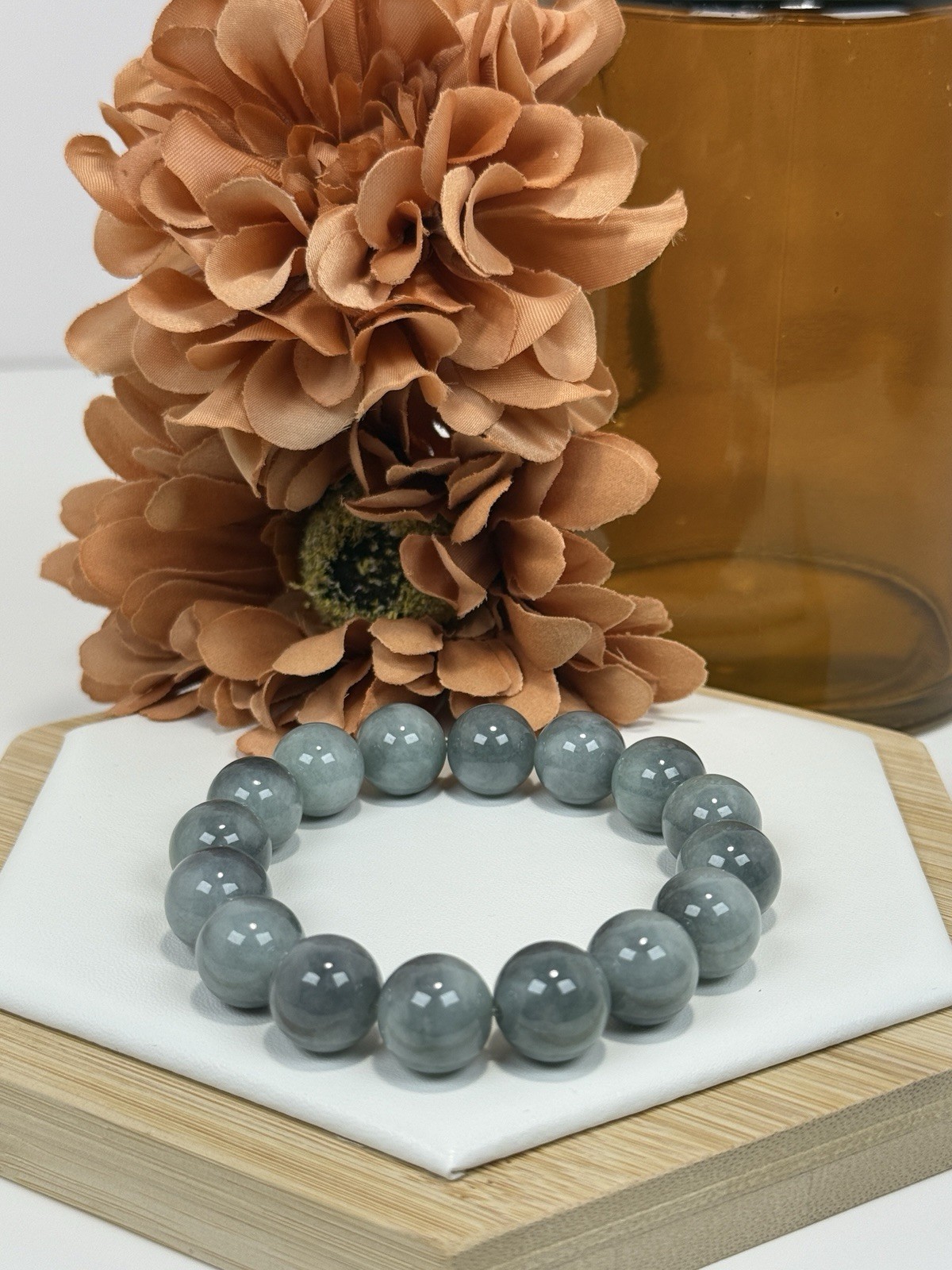 Wuji Jadeite Light Green/Grey Bead Bracelet 13.5MM w/Certificate