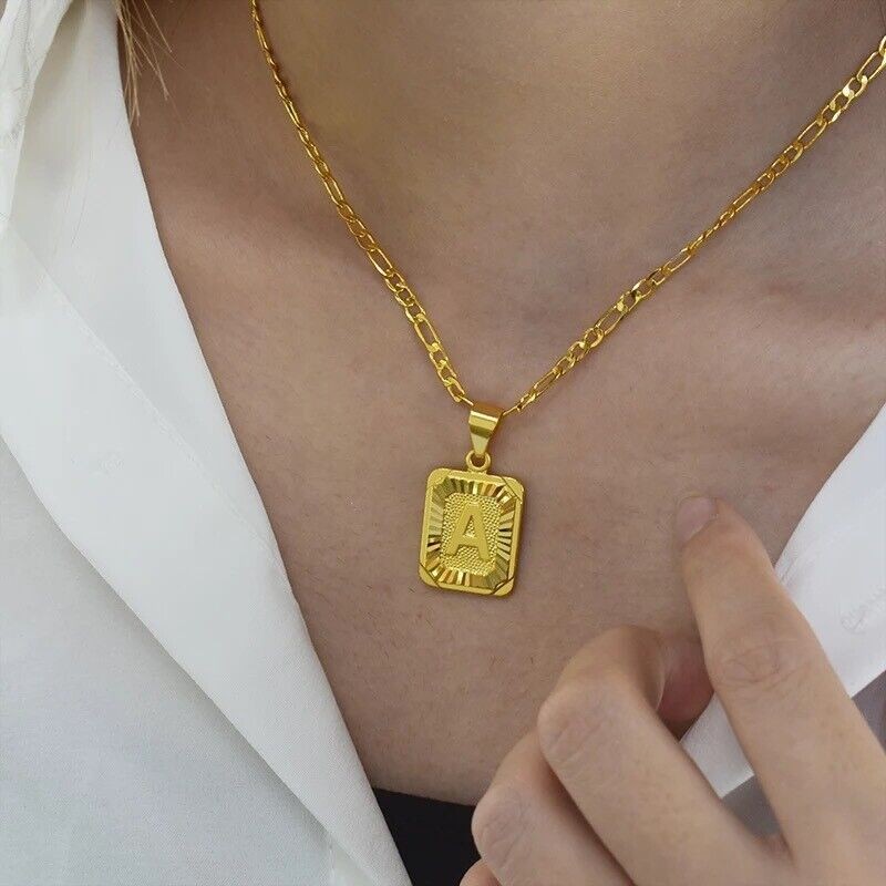 18″ Gold Plated Initial Letter Pendant Necklace Stainless Steel Figaro Chain New