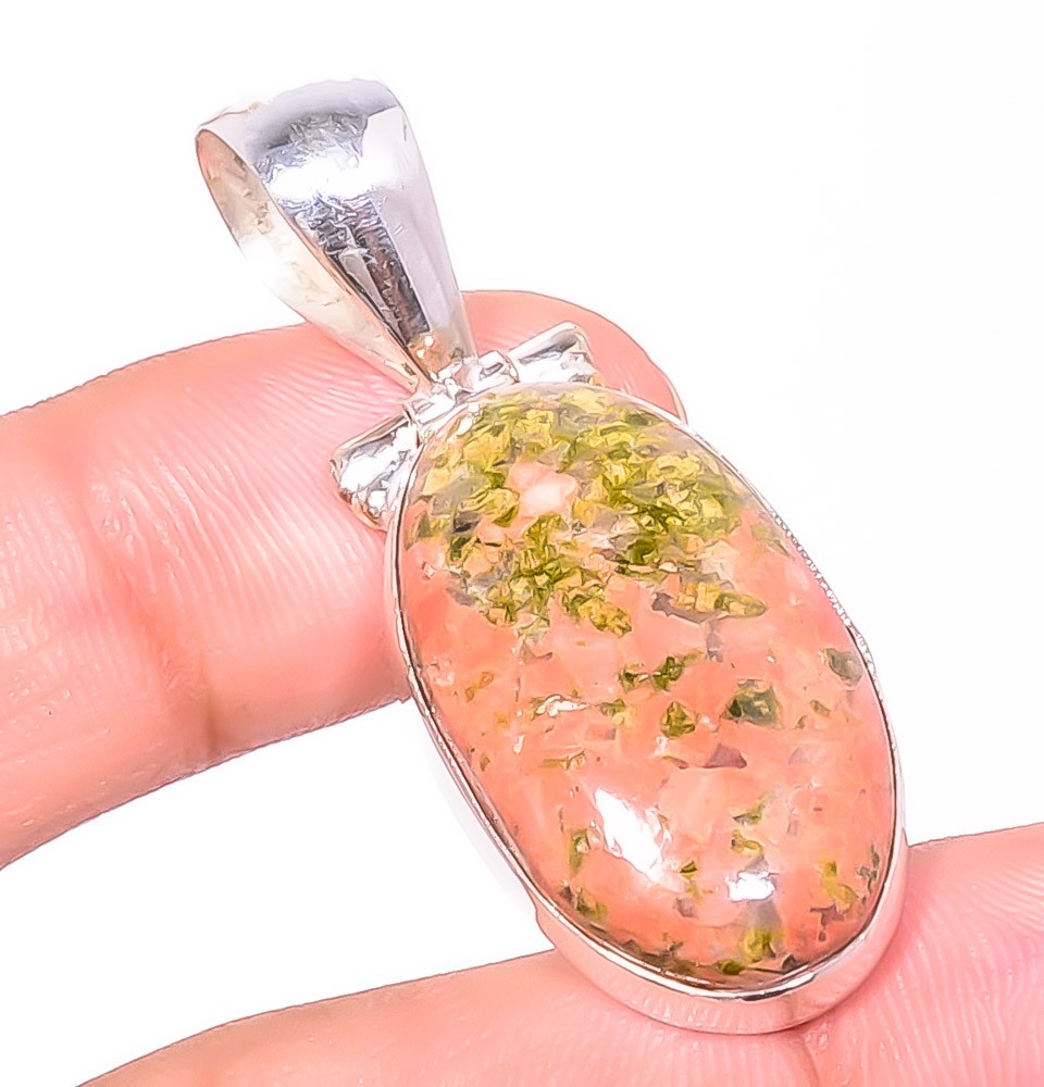 Natural Unakite Jasper Gemstone 925 Silver Plated Pendant 1.76″ TP7785-19