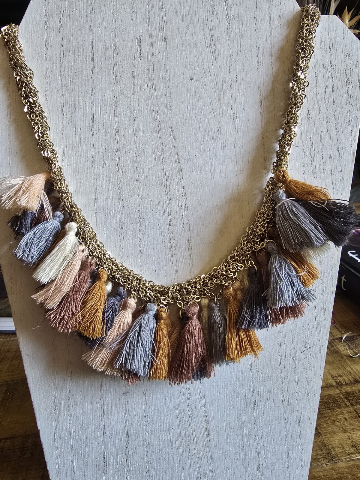 PANACEA Multi-Row Gold-Tone Multi Tassel Natural Colors Signed Boho Bib