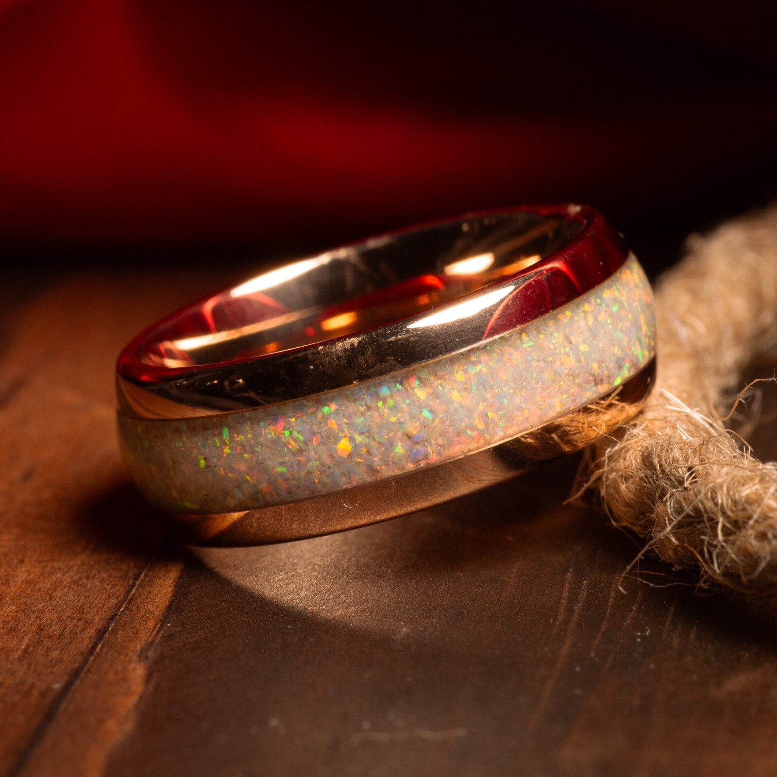 Fire Opal Couples Ring Set, Rose Gold Match His and Hers Tungsten Wedding Bands