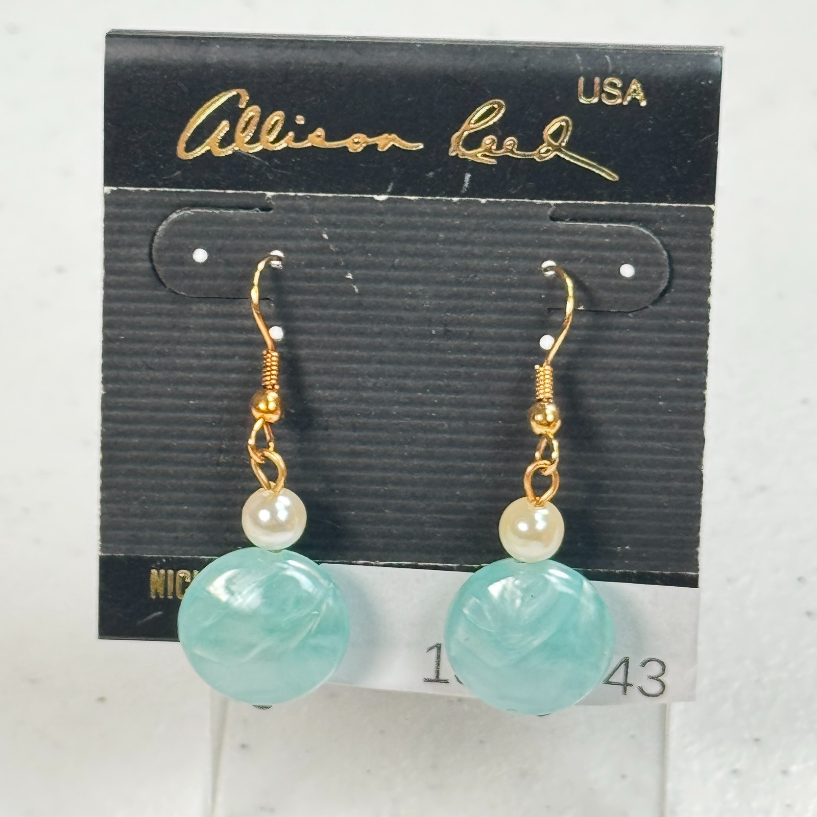 Vintage Pierced Earrings Allison Reed aqua Swirl Bead Faux Pearl Dangle USA