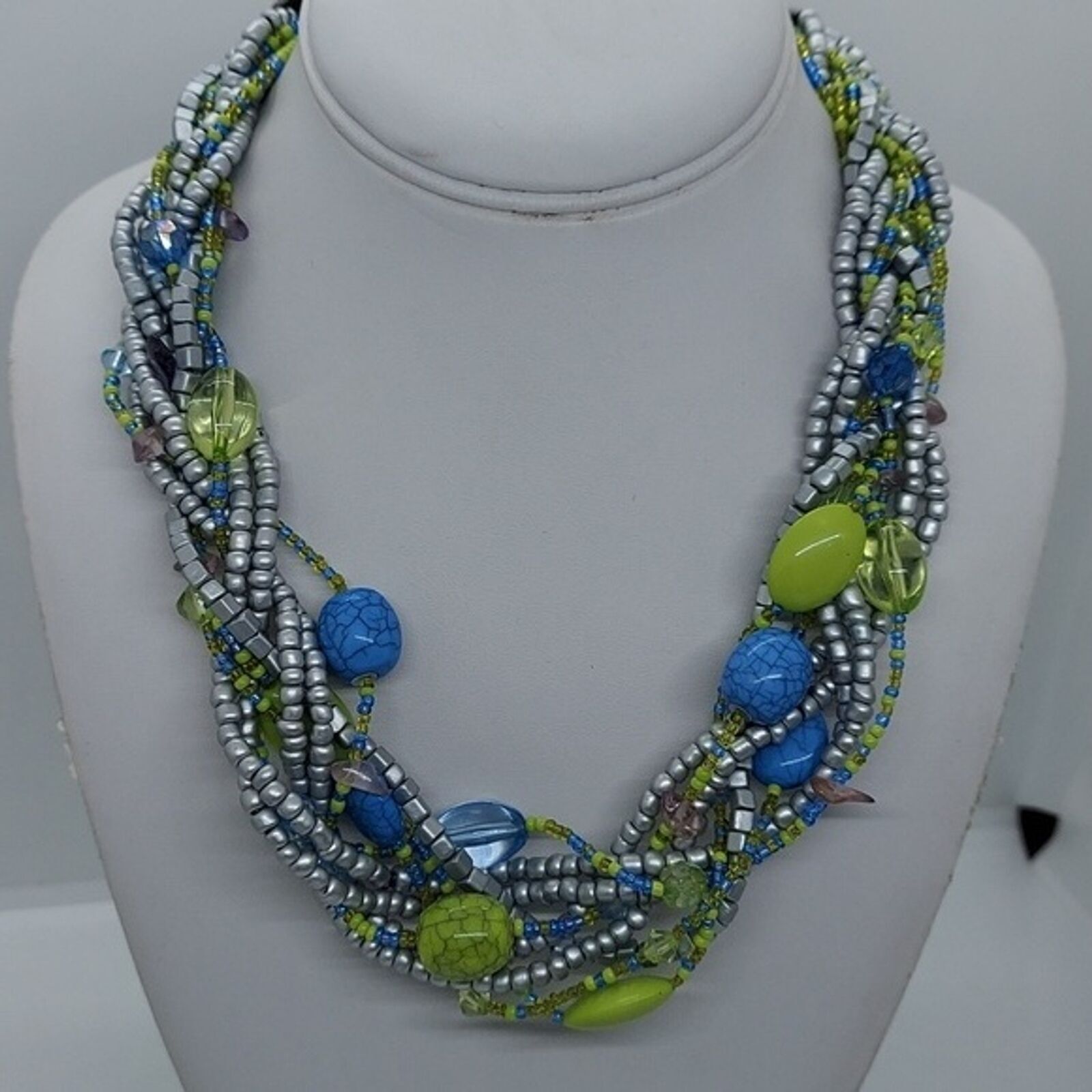 Silver green blue braided bead necklace