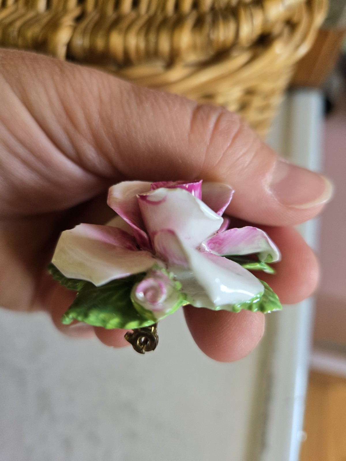 Pink White Green Rose Flower Porcelain Brooch Pin, Made in England