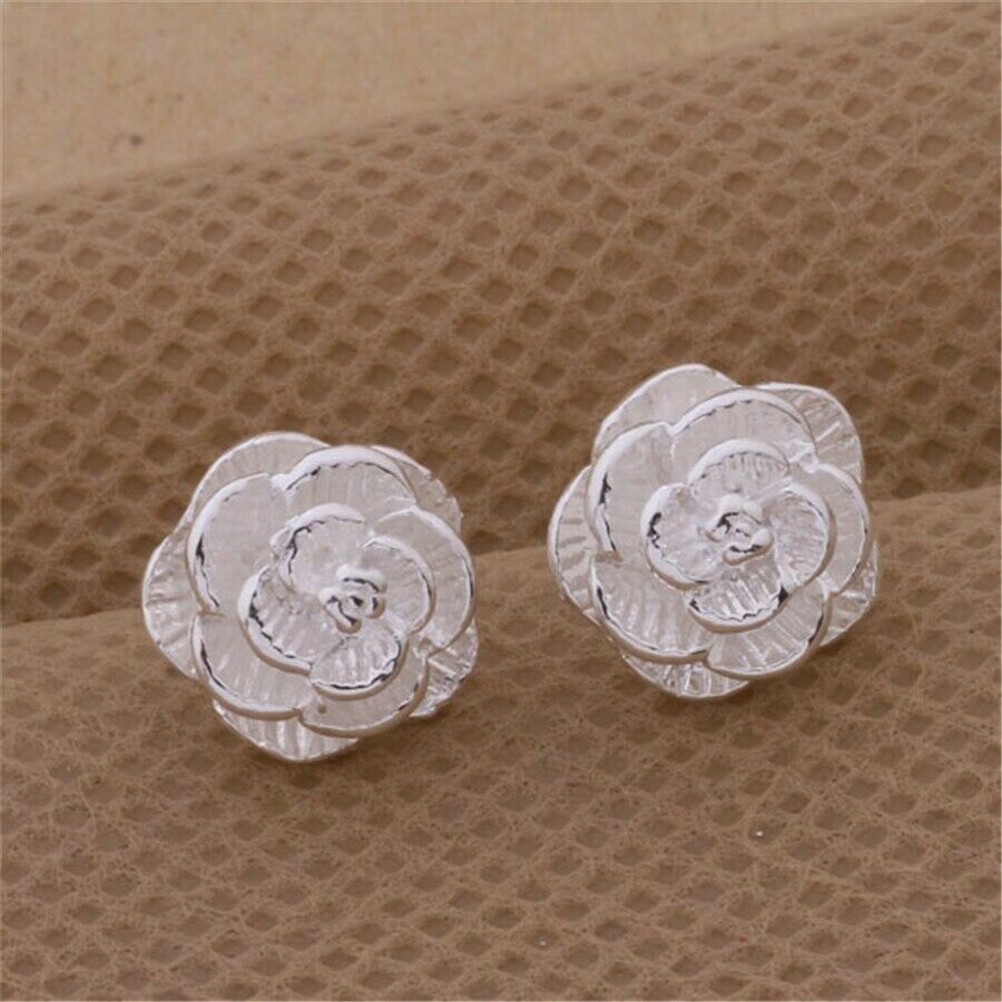 Pretty New Sterling Silver Plated Nicely Textured 3D Flower Stud Post Earrings