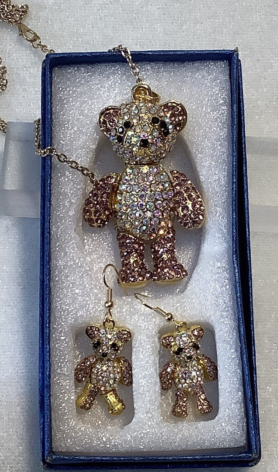 Adorable Gold Tone & Pink Rhinestone Articulated Teddy Bear Necklace & Earrings