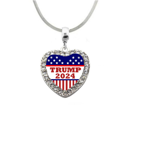 Trump 2024 Heart Rhinestone Heart Necklace or Earings or Set on 925 Snake Chain