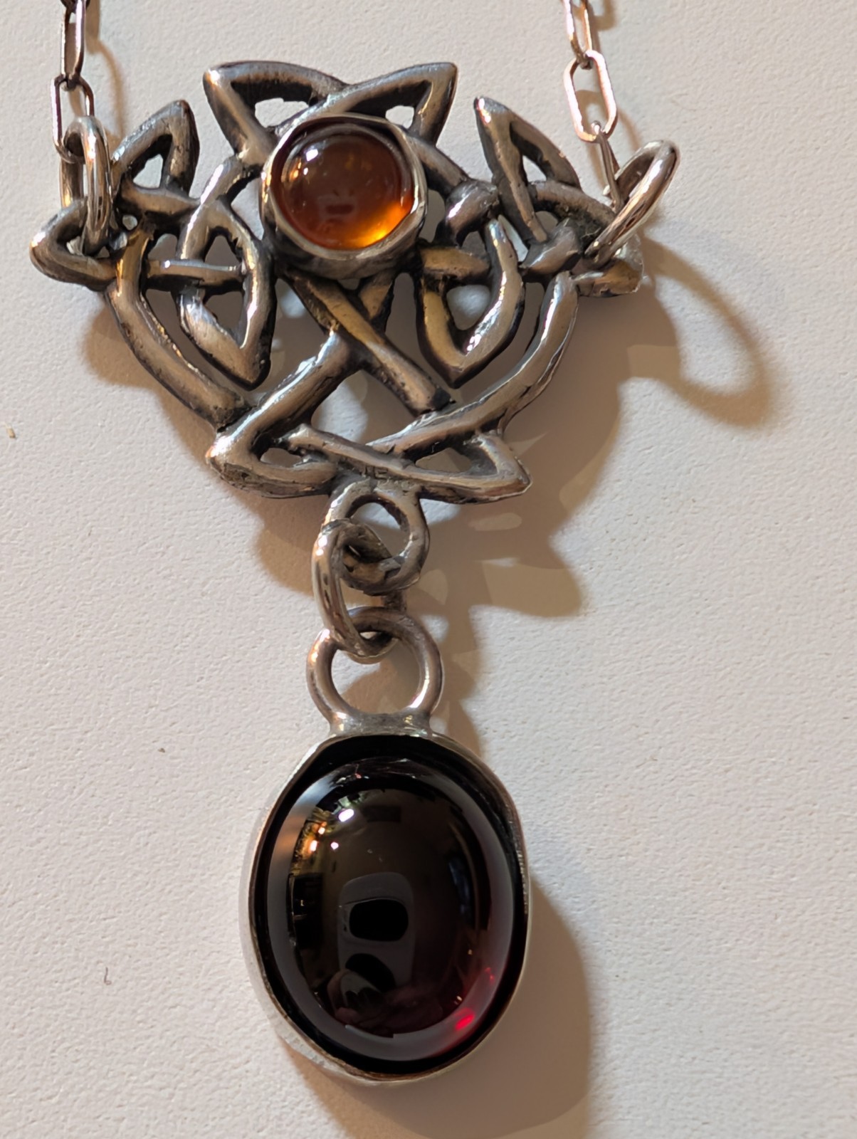 Sterling Silver Celtic Knot Oval Garnet and Round Amber Cabochon Chain Necklace