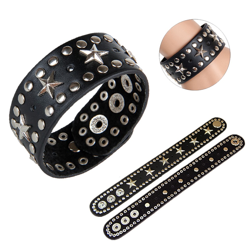 Gothic Punk Rock Wide Alloy Star Studded Bracelet Leather Bangle Cuff Adjustable