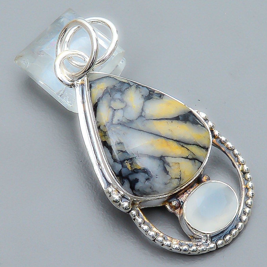 Pinolith Jasper & Milky Opal Handmade Silver Plated Pendant 1.95″ T3