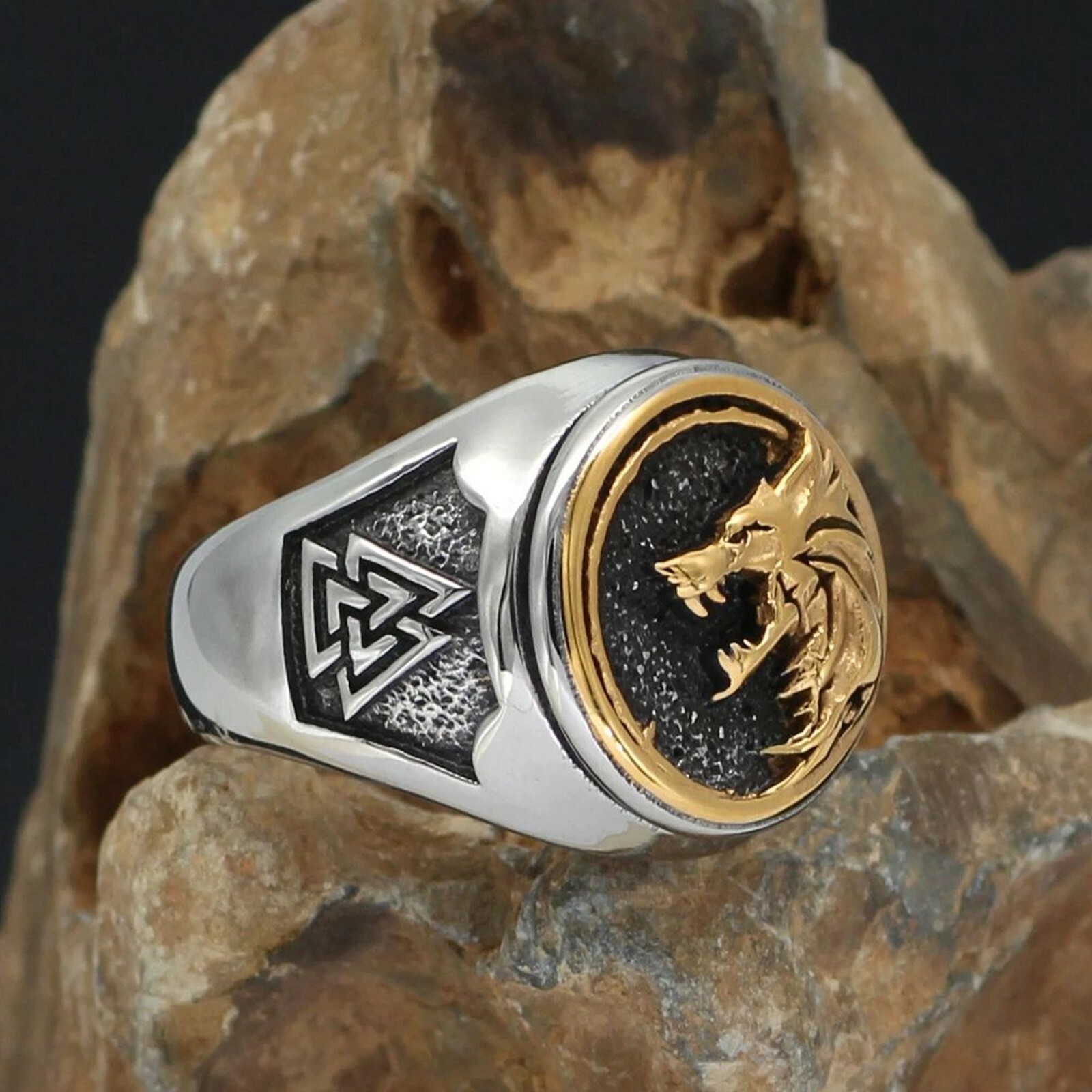 Norse Fenrir Signet Ring Mens Gold PVD Stainless Steel Viking Valknut Wolf Band