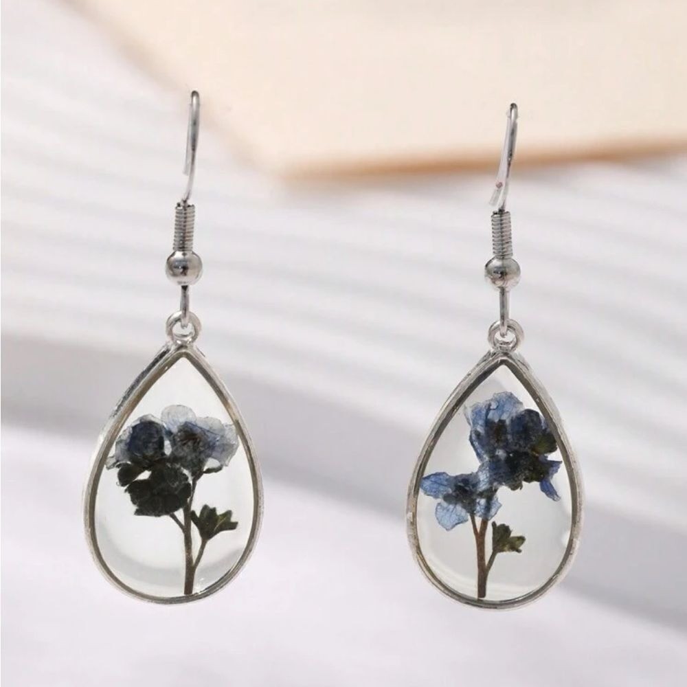 Dried Flower Pressed Resin Forget Me Not Drop Earrings 925 Sterling Silver