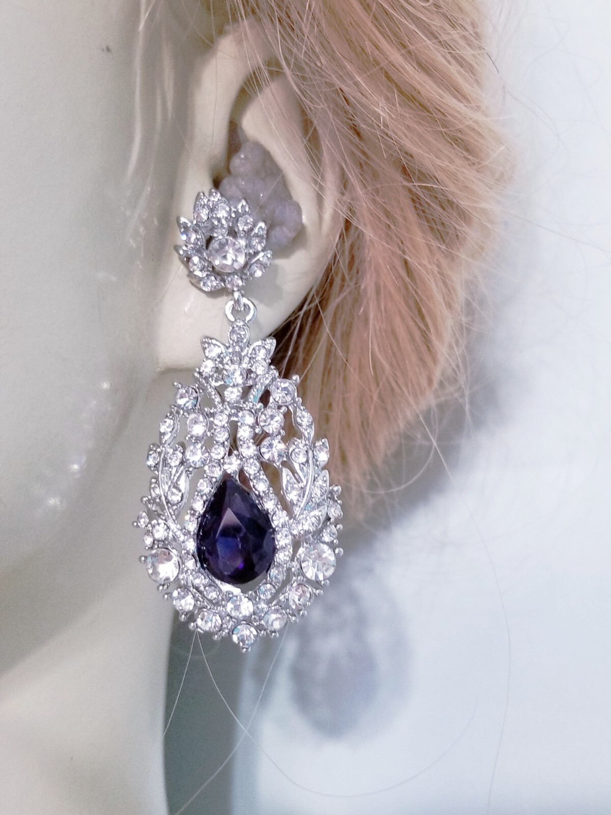 Chandelier Rhinestone Crystal Pageant Bridal Earrings Purple Drop Dangle 2.5 In