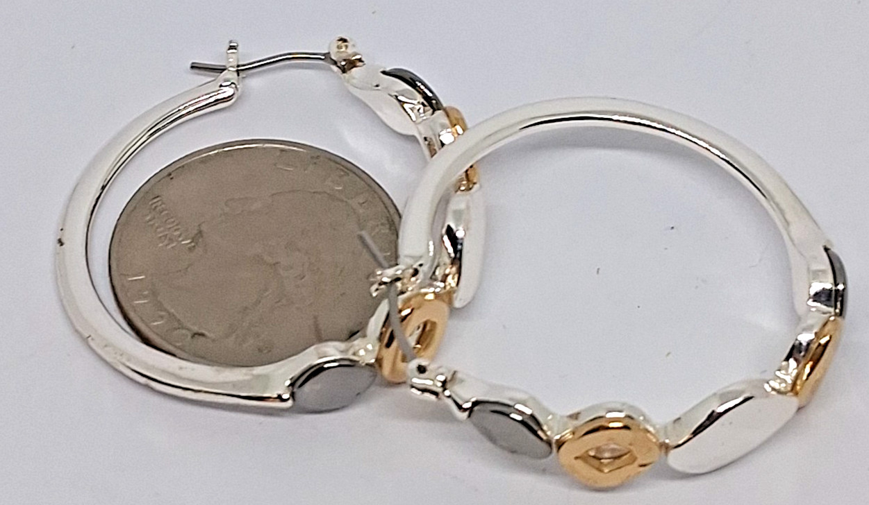Unmarked Mixed Metal Gold and Silver Tone Hoop Earrings with Geometric Shapes