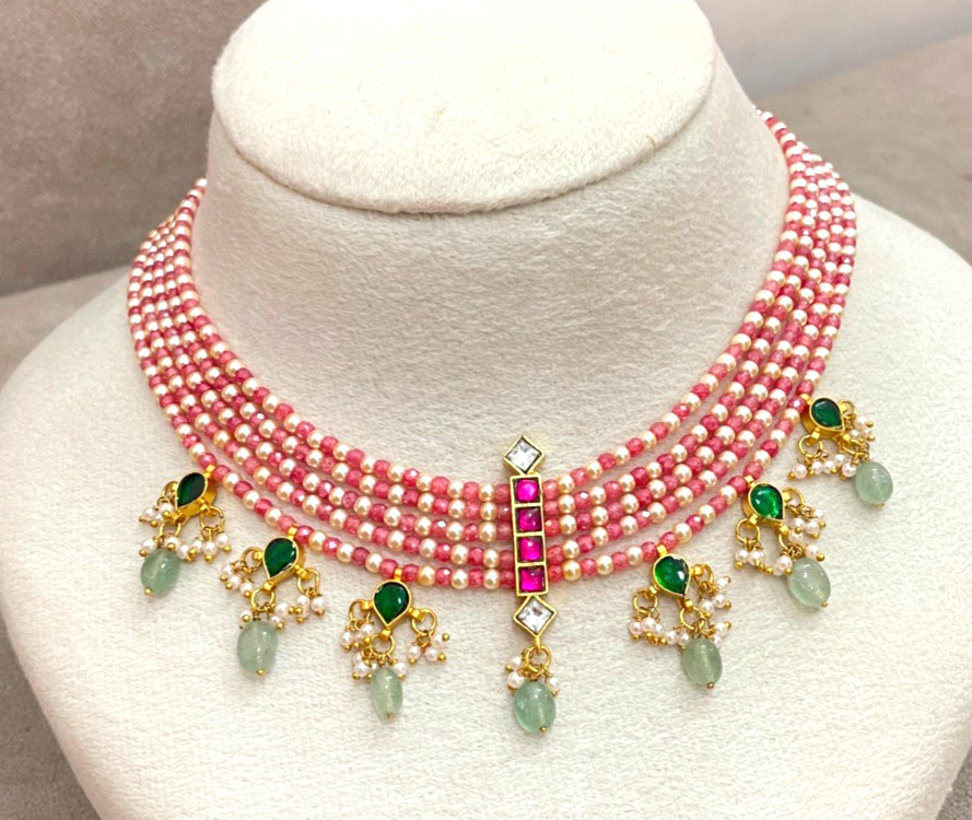 CZ pearl choker necklace features multiple strands of pink beads